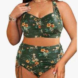 Daci Brand Women's 16W Green Floral Tummy Control High Waisted Bikini